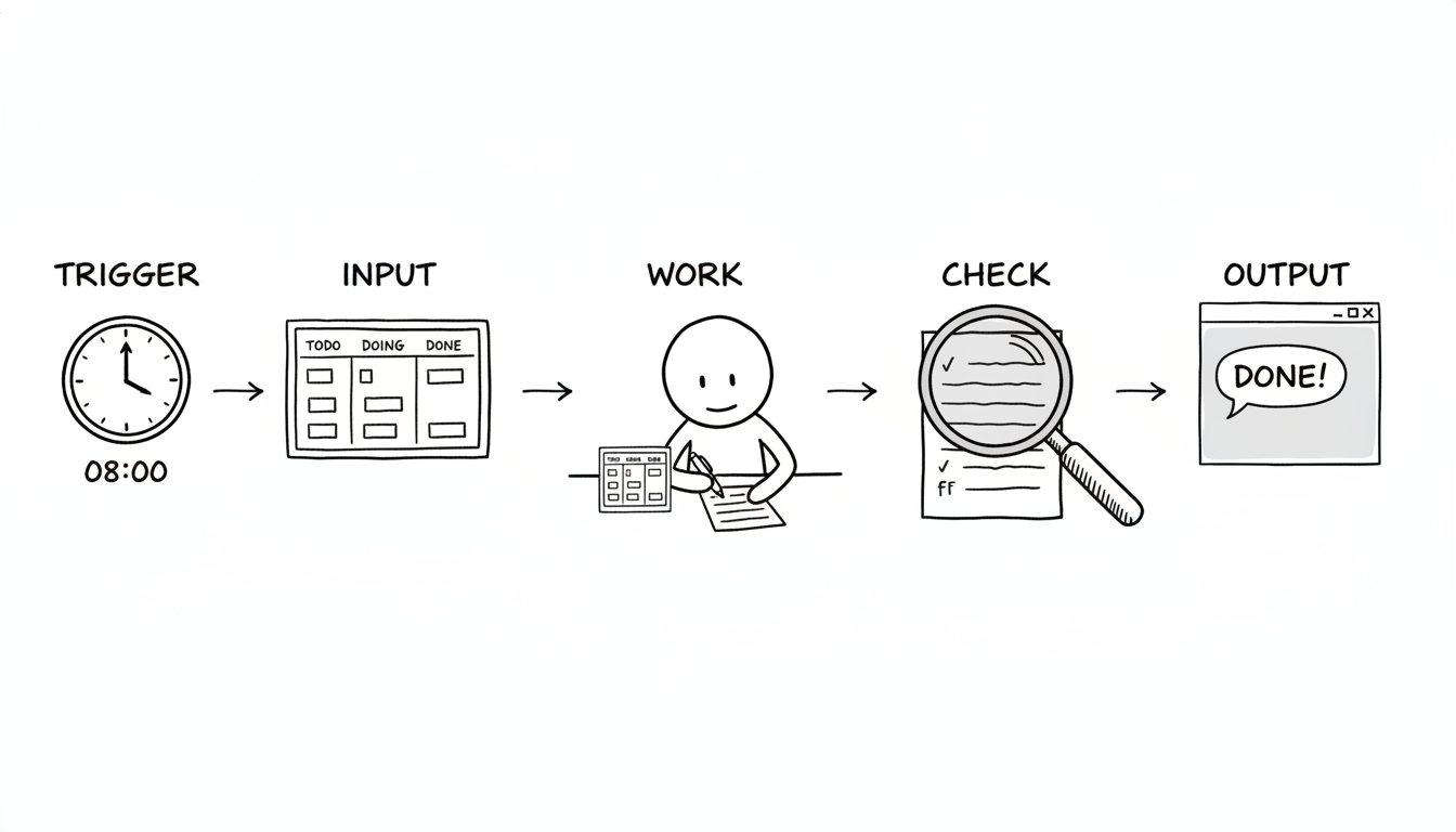 Five hand-drawn stages left to right: a clock at 08:00, a kanban board, a figure at a desk writing, a magnifying glass over a page, a chat window saying done.
